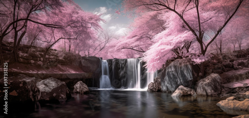 waterfall in japanese cherry blossom forest