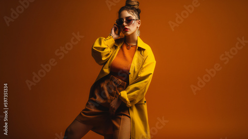 Fashion model in 90s style, beautiful hipster woman poses with sunglasses, vintage clothes, trendy hair, make-up, and bright retro background, creative design capturing happy, nostalgic vibes.