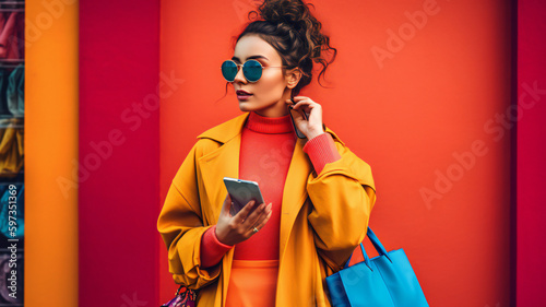 Cheerful woman shopping in city, hands full of bags, enjoys treating herself, finding joy and satisfaction in stylish attire colorful background and energetic scene reflect her fashionable lifestyle.