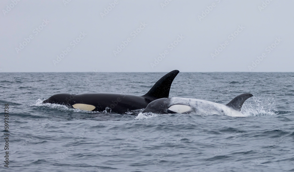 Orcas, killer whales, orcinus orca, white orca Orcas, killer whales, orcinus orca, white orca
