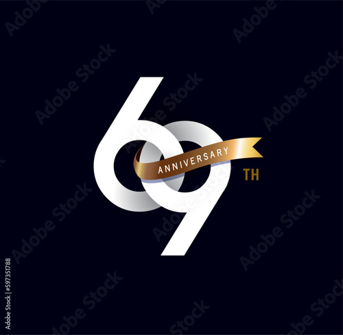 69 years anniversary vector number icon, birthday logo label, black and white with gold ribbon photo