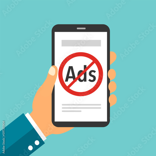 Ads blocking on smartphone screen in flat design.