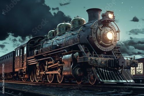 Comic book-style illustration of a steam train with transparent background. Generative AI