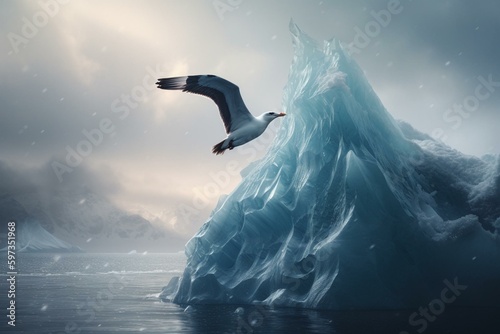 Artwork of an iceberg with a bird hovering nearby. Generative AI © Natalya