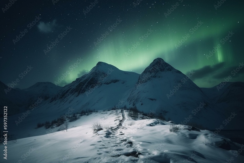 Northern lights shimmer above snowy hill with footprints, snow capped peak and falling snow in winter. Generative AI