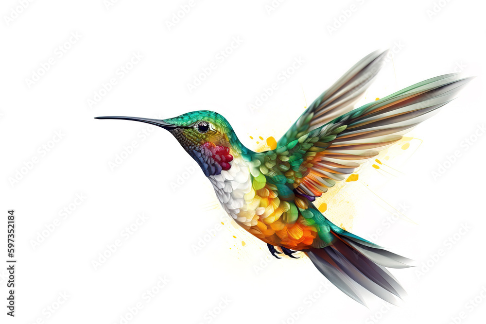 image of brightly colored hummingbirds in flight on white background. Wildlife. Birds. illustration, generative AI. image of brightly colored hummingbirds in flight on white background. Wildlife. Birds. illustration, generative AI.