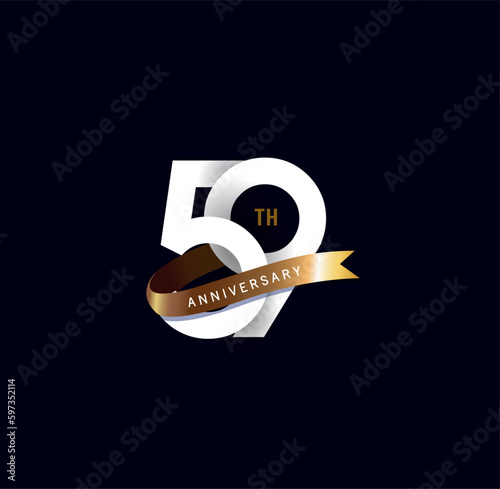 59 years anniversary vector number icon, birthday logo label, black and white with gold ribbon photo