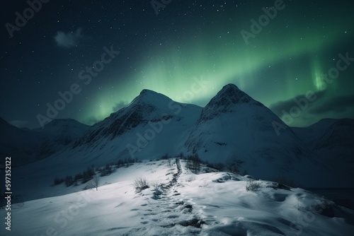 Northern lights shimmer above snowy hill with footprints, snow capped peak and falling snow in winter. Generative AI