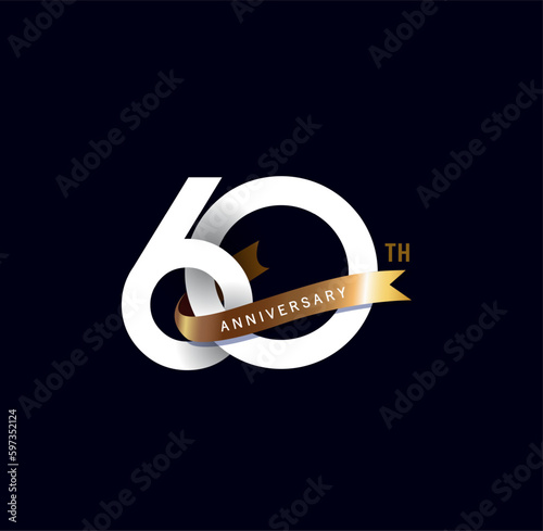 60 years anniversary vector number icon, birthday logo label, black and white with gold ribbon