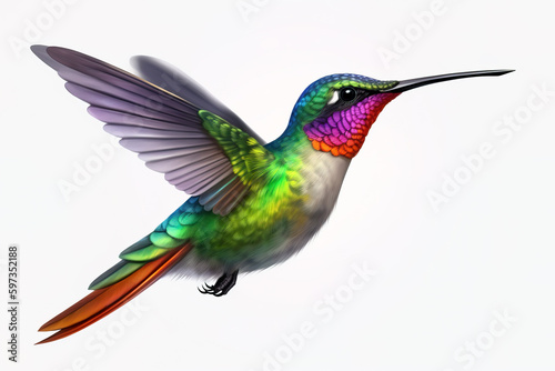 image of brightly colored hummingbirds in flight on white background. Wildlife. Birds. illustration, generative AI. © yod67