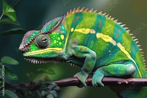 Image of side view of a green chameleon on a branch on natural background. Wild Animals. reptile, illustration. Generative AI.