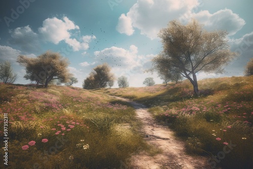 A painted scene of a meadow in spring. Generative AI