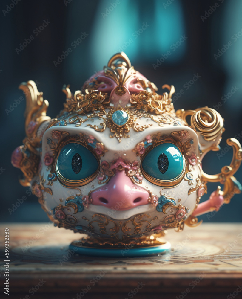 cup, porcelain, magic, with the face of a fairy-tale character, generated in AI