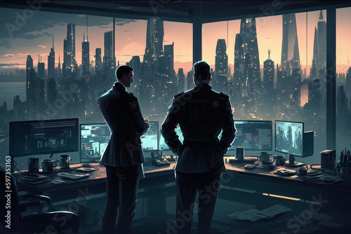 Corporate Businessmen overlooking the city skyline 