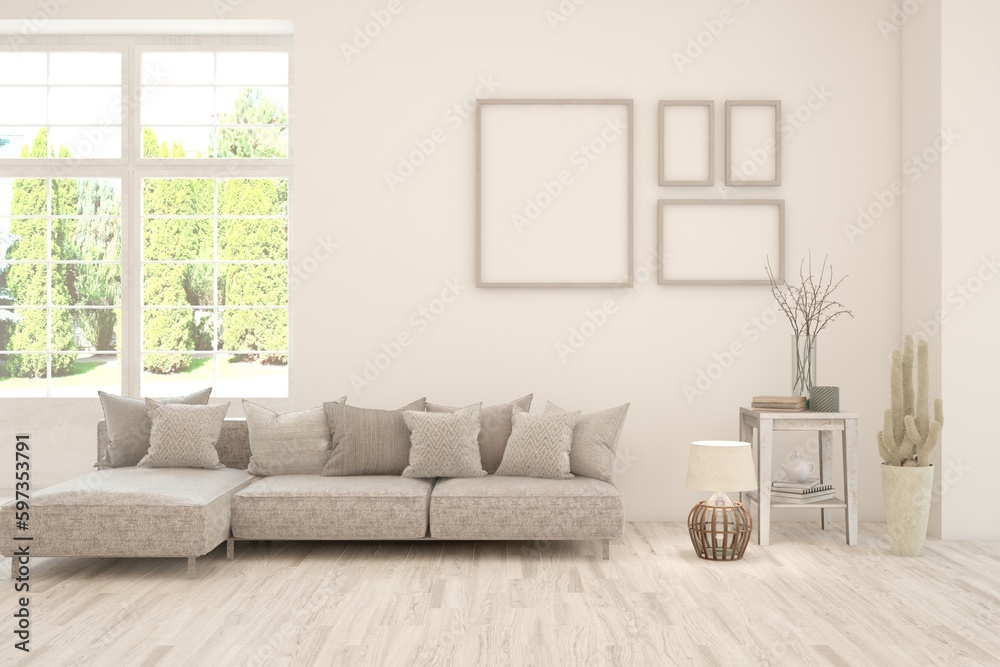 Fototapeta premium Bright interior design with modern furniture and summer landscape in window. 3D illustration