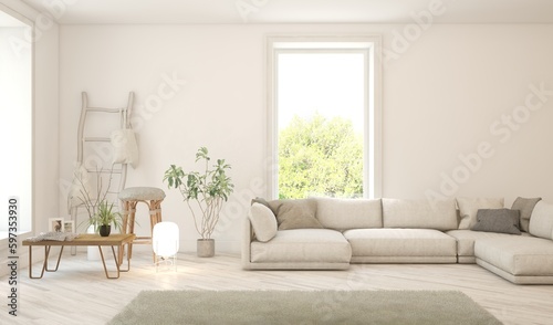 Bright interior design with modern furniture and summer landscape in window. 3D illustration