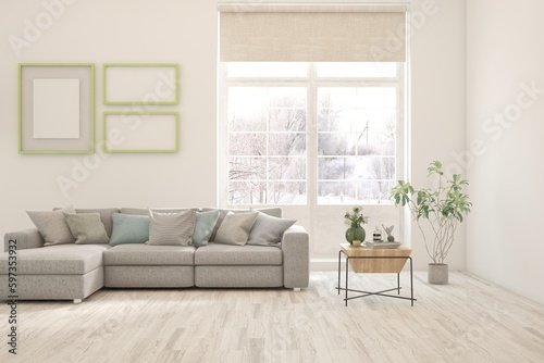 White living room with sofa and winter landscape in window. Scandinavian interior design. 3D illustration