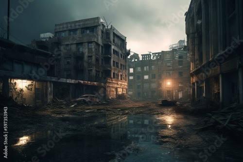 An illustrated dystopian city post-apocalypse. Digital artwork depicting a bleak dreamscape. Generative AI