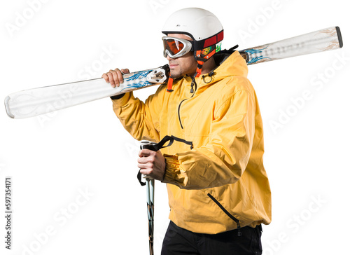 Canvastavla Man wearing mask and holding ski equipment in hand