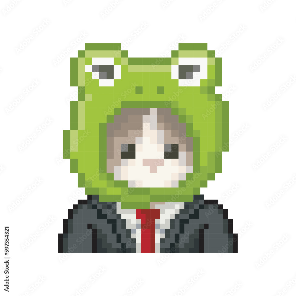 Cat in formal suit and frog hat, pixel art meme