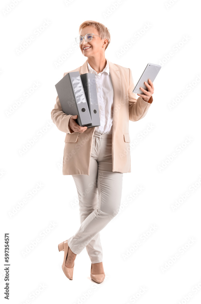 Mature businesswoman with folders and tablet computer on white background Mature businesswoman with folders and tablet computer on white background