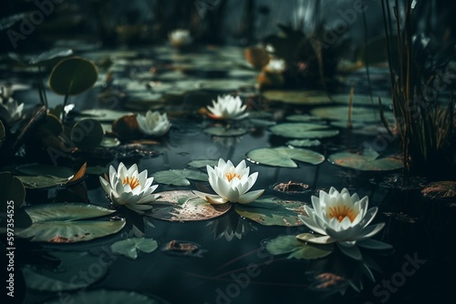 Springtime water lilies. Generative AI © Iridessa
