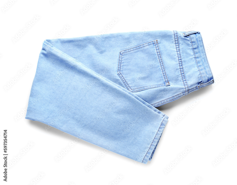 Folded jeans on white background