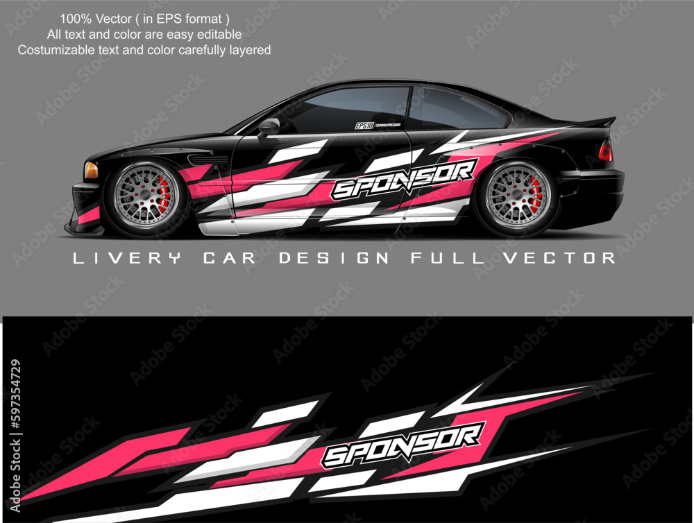 Car decal design vector. Graphic abstract stripe racing background designs for vehicle, race, rally, adventure and car racing livery