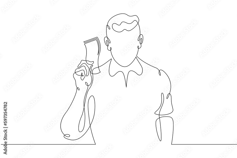 One continuous line. Man with cash. Male character with banknotes in his hands. Man with banknotes. Man holds money. One continuous line drawn isolated, white background.
