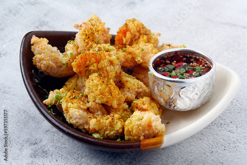 Freshly cooked Thai food spicy fried breaded shrimp