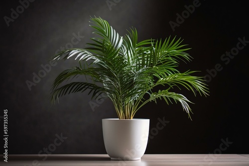 Decorative areca palm in a white pot on a table indoors. Generative AI
