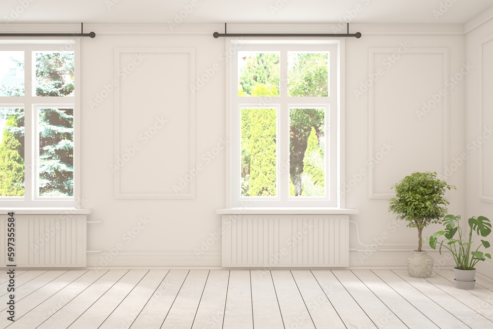 White empty room with summer landscape in window. Scandinavian interior design. 3D illustration White empty room with summer landscape in window. Scandinavian interior design. 3D illustration