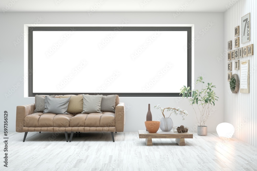 White living room with sofa. Scandinavian interior design. 3D illustration White living room with sofa. Scandinavian interior design. 3D illustration