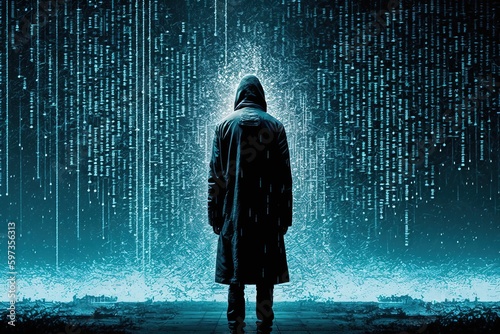 personne de dos avec un manteau et capuche, ambiance sombre et mystérieuse de matrice informatique avec lignes de code