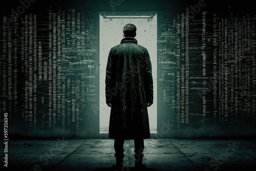 personne de dos avec un manteau, ambiance sombre et mystérieuse de matrice informatique avec lignes de code photo