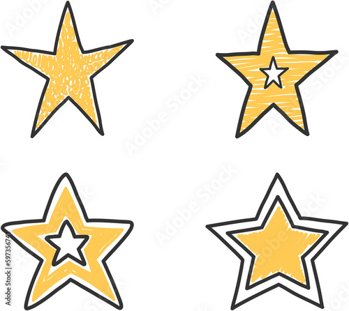 Four yellow hand drawn doodle stars