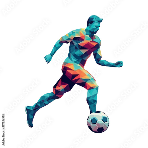 Muscular man kicking soccer ball with success