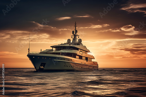 An aerial view of a large yacht, superyacht on water near coat line, A luxury yacht is floating through the water at sunset, generative ai © 1by1step