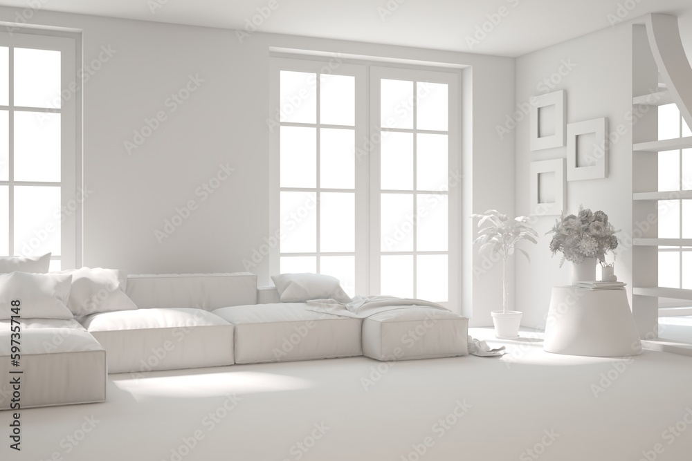 Fototapeta premium White living room concept with sofa. 3D illustration