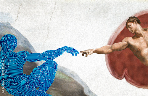 Photography The creation of artificial intelligence: version of Michelangelo's painting The Creation of Adam depicting the development of artificial intelligence and machine learning
