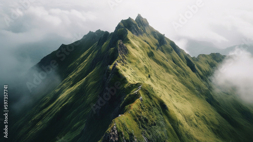 landscape with fog over the top of green hills. Generative Ai