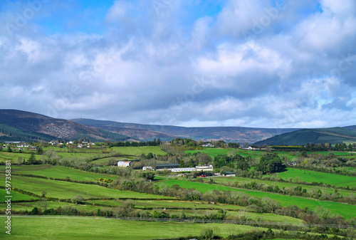 Irish countryside landscape with the Wicklow hills in the background