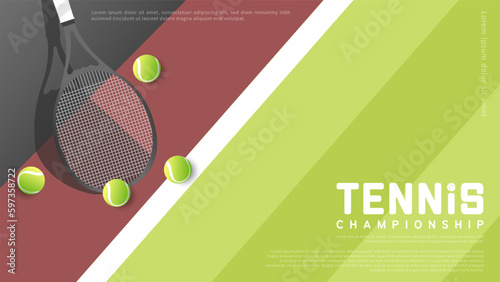 Tennis racket and tennis ball on  tennis green court background Illustrations for use in online sporting events , Illustration Vector  EPS 10