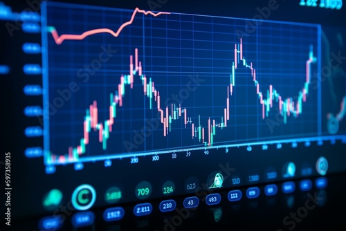 Detailed view of cryptocurrency market with price graph, candlesticks, and technical indicators on blue display background. Generative AI