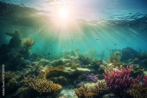 Tropical Underwater Reef Scene with Sunlight. Generative AI
