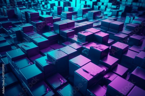 Interlocking purple and turquoise blocks create a futuristic 3D background. Generative AI