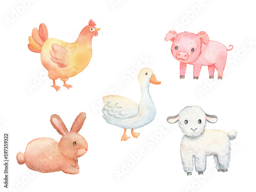 Cute baby piglet  lamb and chicken isolated on white. Watercolor farm animals set. Childish character