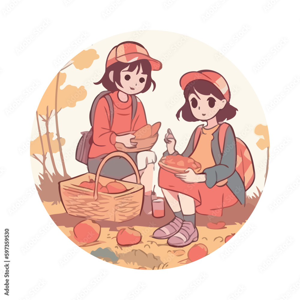 Cute girls sitting and eating in nature backdrop Cute girls sitting and eating in nature backdrop
