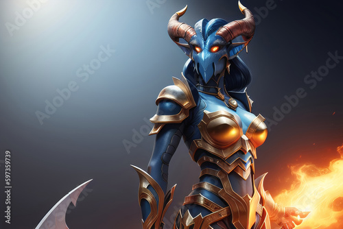 Blue Female Alien Fantasy Creature in Gold Armor, Long Horns, Flaming Left Hand Glowing Eyes Generative AI Illustration © Porscifant Art