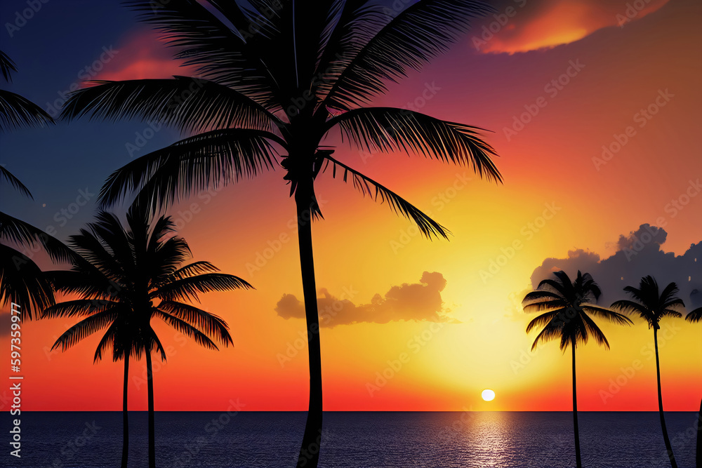 Beautiful  Dawn Sky with Low Sun over Ocean with Silhouette of Palm Trees Generative AI Illustration